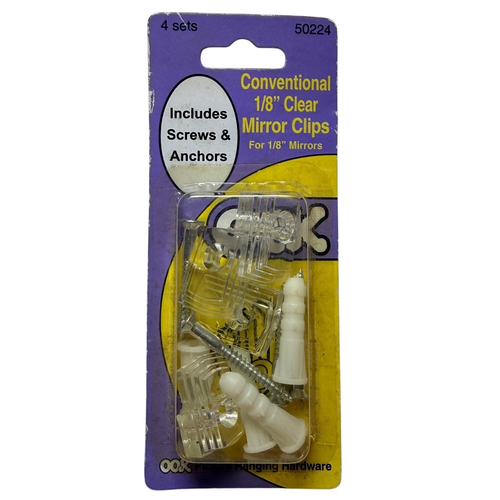 OOK 50224 Conventional 1/8 Clear Mirror Clips with Screws and Anchors 4 Sets‎